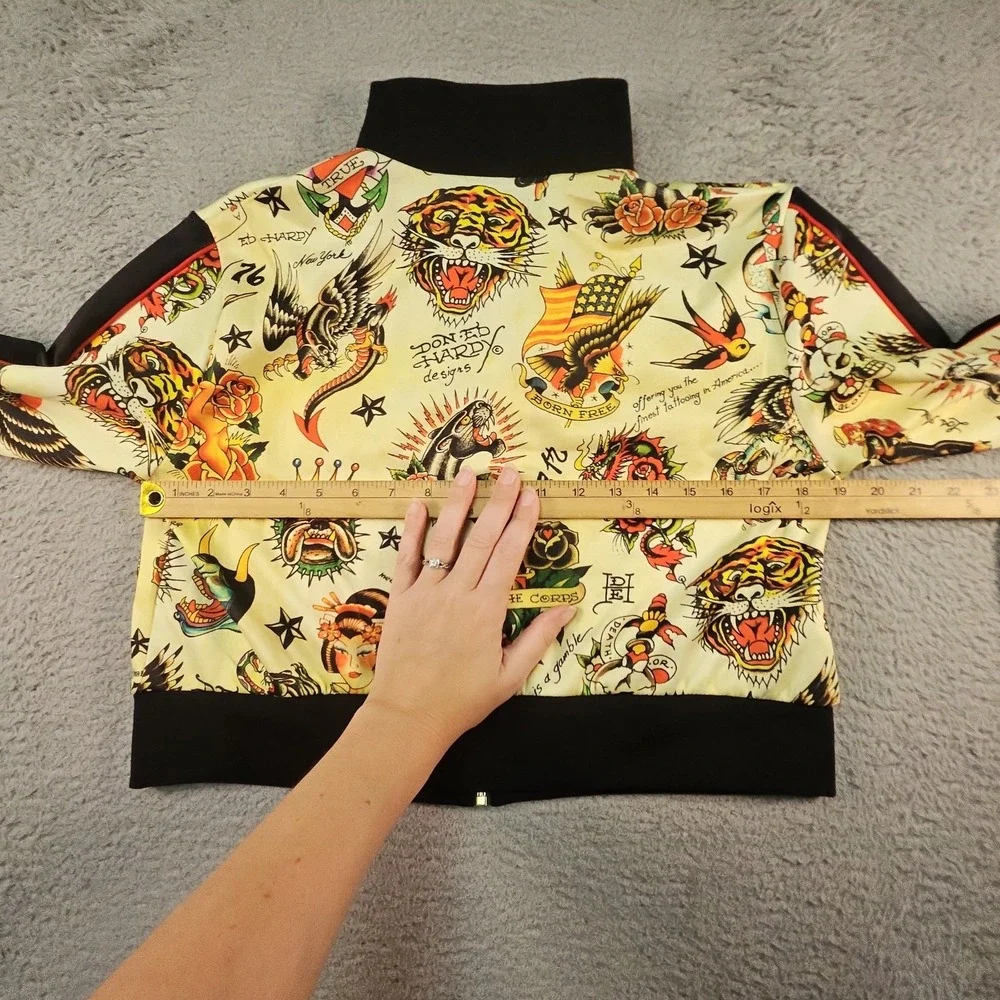 Ed Hardy Track Jacket Womens XL Shrunken Flashboard Multi Tattoo Cropped Y2K AOP